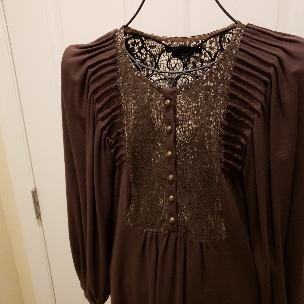 BCBGMaxazria Brown Dress with button and lace Sz S